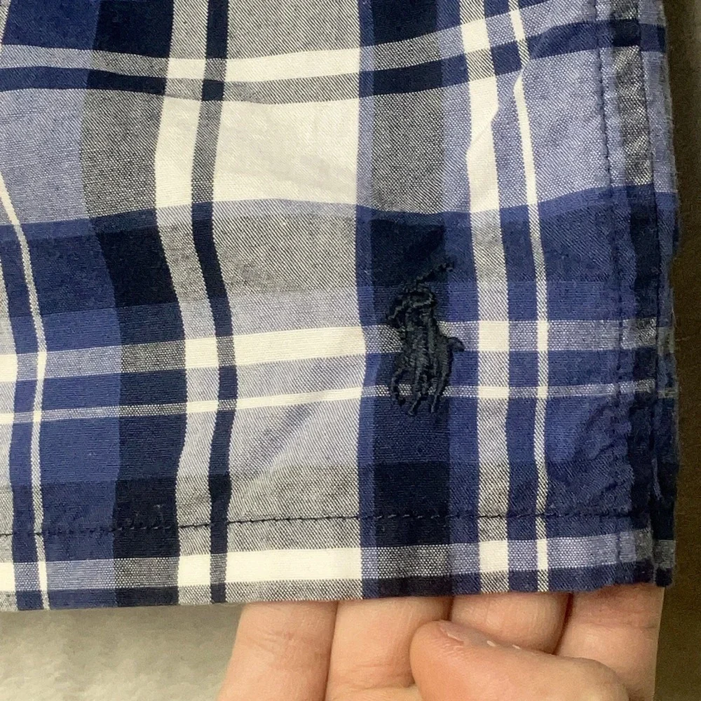 Vintage Polo Ralph Lauren Shorts Plaid Double Pleated Pony Logo Blue Mens Fit 32